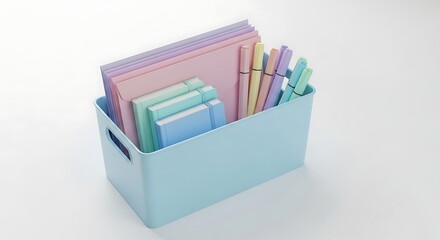 Pastel stationery in a light blue plastic container on a white background