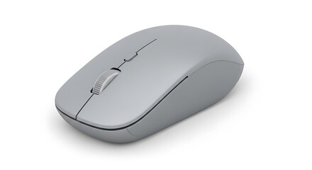 A close up view of a gray wireless computer mouse on a white background space