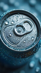 Icy condensation clings to a chilled aluminum can, reflecting the cool blue light