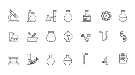 Collection of science lab equipment and tools including beakers microscope and dna models in outline style created with generated ai
