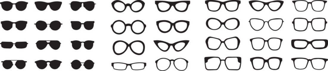 Glasses and Sunglasses Icon Set ,Eyewear Fashion  The collection includes both solid black silhouettes for sunglasses and crisp outlines for eyeglasses, offering a variety of shapes.