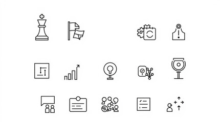 Collection of business strategy icons including chess piece, flags, gears, and graph elements created with generated ai
