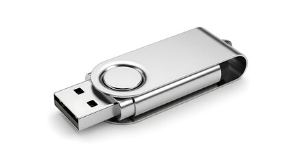 A close up shot of a silver usb drive on a white background in a studio setting