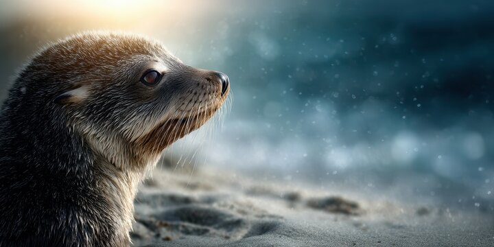 Young seal resting on sandy beach near ocean waves during sunset hours in tranquil coastal environment