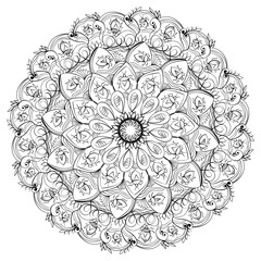 Outline doodle mandala with bugs and swirls, creative coloring page for kids or adult activity