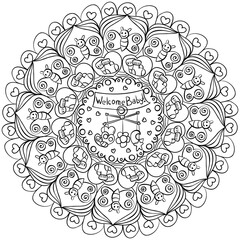 Outline mandala with toys and a greeting for a newborn, a meditative coloring page for a baby shower party or holiday activity