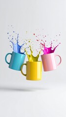 Colorful Paint Splashing from Mugs on White Background