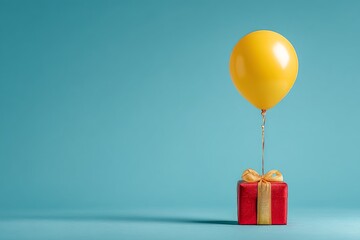 A single red present with a golden ribbon is tied to a floating yellow balloon, set against a solid turquoise background