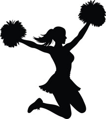 Silhouette of a cheerleader leaping in the air with pom poms