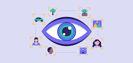 ai eye performing image recognition on diverse objects, vector illustration for computer vision, artificial intelligence image analysis and machine learning object detection