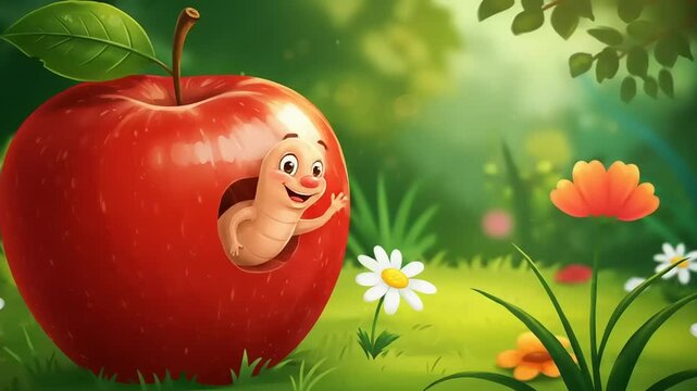 Cartoon Apple with a Smiling Worm Animation in a whimsical Forest Setting