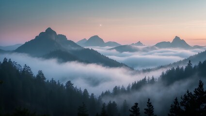 Obraz premium Majestic Mountains and Fog Rolling Over Forest at Dusk Landscape