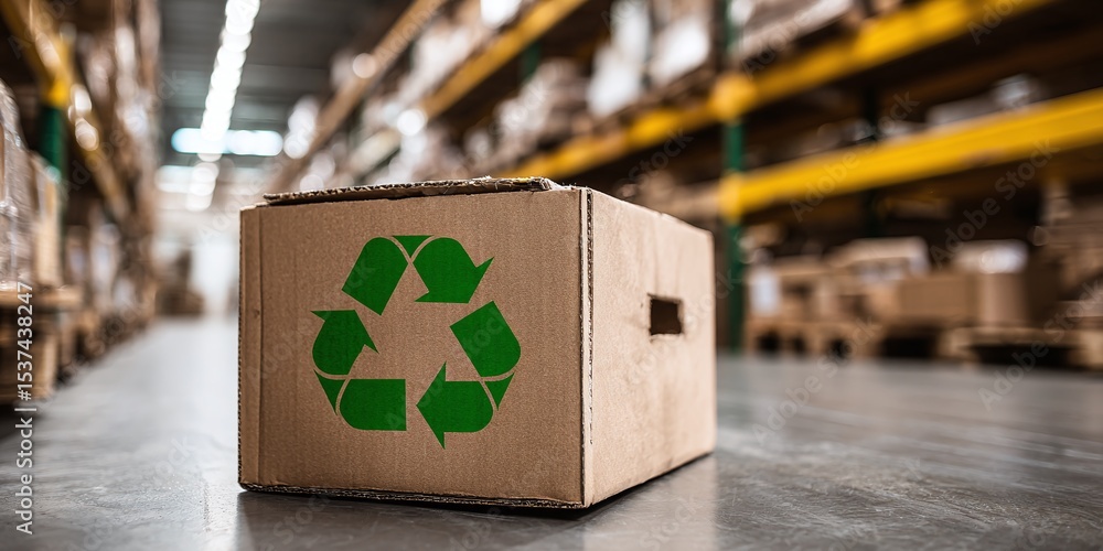 Poster recycle box in warehouse. using cardboard containers to hold and transfer items within a distributio