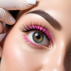 Master glues eyelashes to pink lash roller. Close-up of beauty model's face during lash lift laminating botox procedure. Eyelash Care Treatment: eyelash lifting and curling, lash lamination