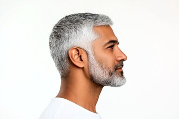 Obraz premium A graceful man with a warm and welcoming smile. Pure white solid background. Artwork of style for aging men. Trendy men's hard part haircut - midlife indian man with short hair.