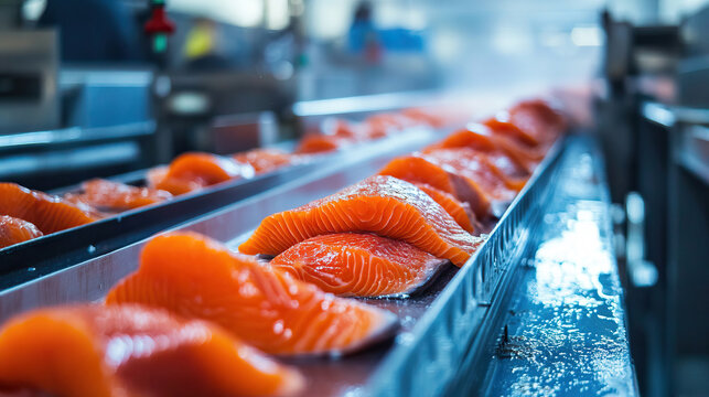 Industrial fish processing plant with fresh salmon moving on a conveyor belt