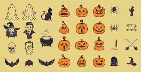 Big set of 31 Halloween icons and silhouettes from ghosts to pumpkins in clean retro vector style great for themed designs