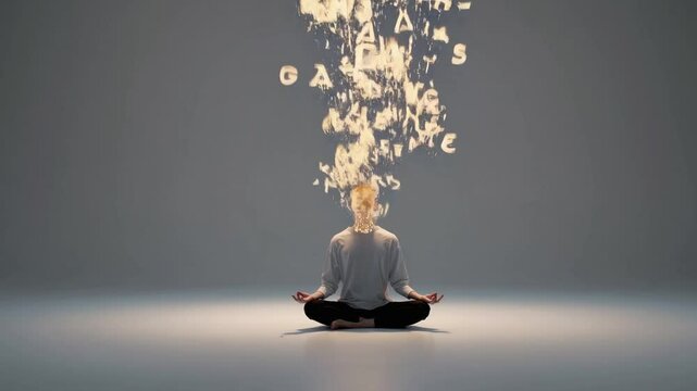 Man meditating with floating letters expanding from head