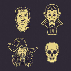 Character set featuring Frankenstein vampire witch and skeleton in vintage Halloween style great for posters logos and more