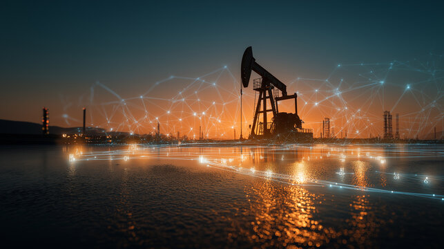 An oil pump jack operates at dusk with city lights in the background and abstract digital data overlays, symbolizing energy and technology.
