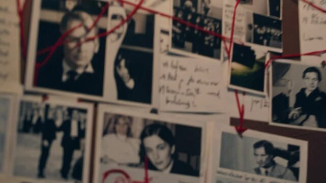 Detective connecting clues on evidence board in dark office