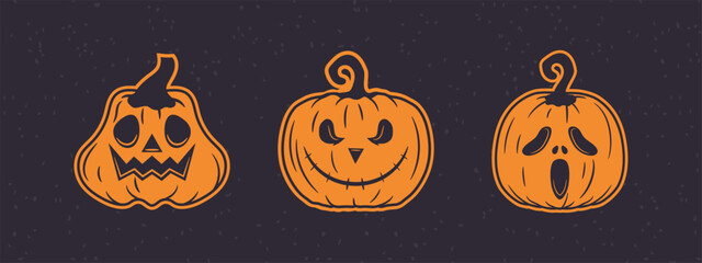 Cute and spooky pumpkin icons drawn in vintage look good for fun seasonal branding
