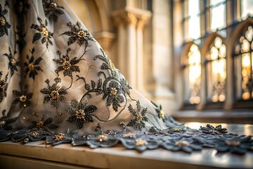 Elegant Lace Gown with Floral Embroidery in a Cathedral Setting