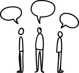 Three people talking with speech bubbles in a simple sketch style  