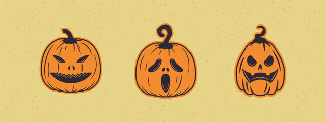 Funny retro Halloween pumpkins each with its own expression perfect for posters or stickers