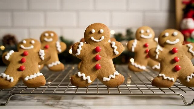 Christmas dancing gingerbread men cookies on cooling rack with icing  and holiday decorations. 