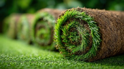A roll of green grass is on the ground. The grass is rolled up and has a spiral shape