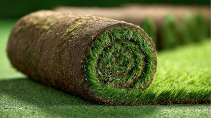 A roll of green grass is on a green surface. The grass is rolled up and he is fresh