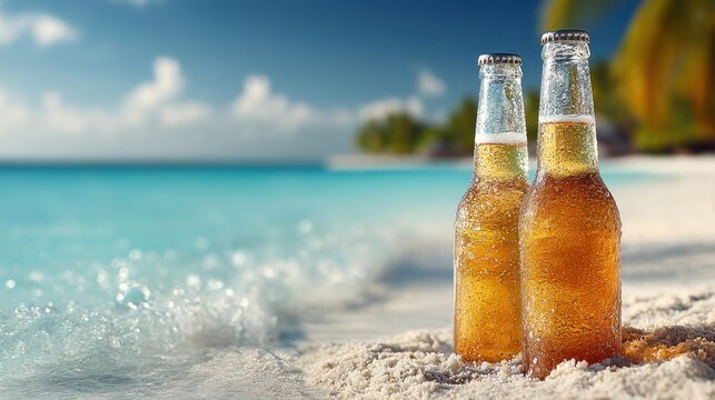 Two bottles of beer are on a beach, with the ocean in the background. The bottles are cold and refreshing, perfect for a day at the beach - Powered by Adobe