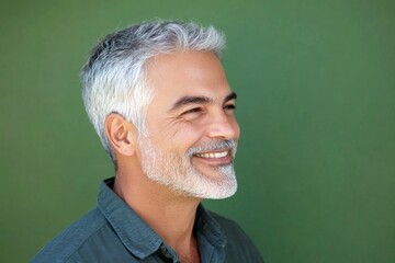 Fototapeta premium Fashionable men's mullet haircut - midlife middle eastern man with short hair. Green solid background. Creative of style for aging men. A dynamic male posing with grace and charm.