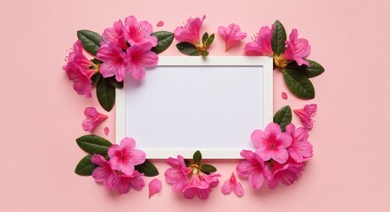 Blank white frame adorned with vibrant pink azalea blooms and green leaves on a soft pastel pink background