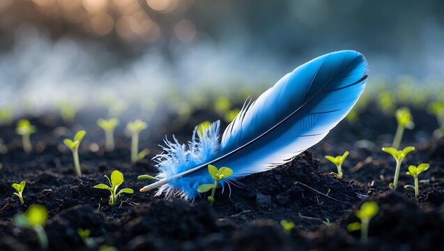 Blue feather lying on dark soil among sprouting seedlings