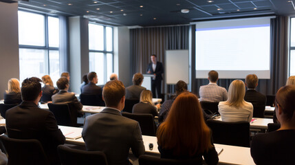 An audience faces a presenter standing in front of a bright projection screen in a blurred modern conference room.
