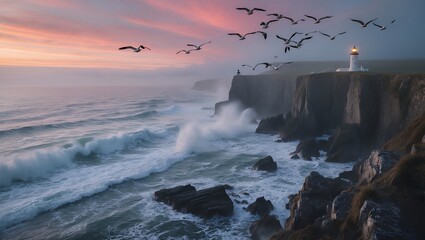 Coastal Lighthouse and Cliffside Scene with Waves and Flying Birds