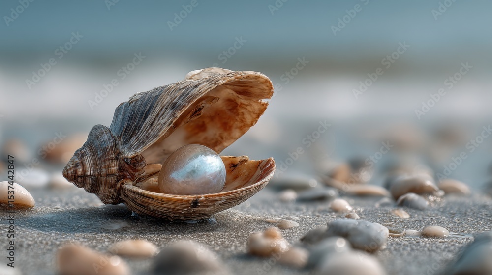Poster a shell with a pearl inside of it is on a beach. the shell is open and the pearl is shining in the s