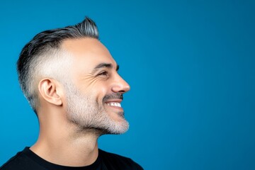 Fototapeta premium A gentle and elegant man with a warm presence. Blue solid background. Elegant men's side part haircut - midlife arabian man with short hair. Conceptual art of style for aging men.
