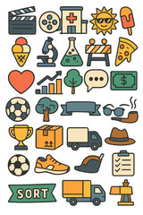 A massive collection of icon doodles featuring various themes such as movies, hospitals, summer, food, science, construction, bubbles, banking, hearts, data, trees, banners, hipsters, sports, and