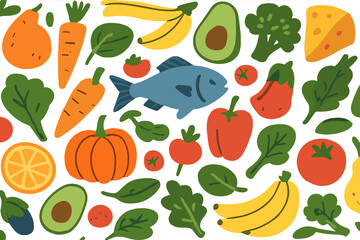 A nutritious dietary regimen featuring vitamins, depicted as a seamless background comprising organic produce, including fresh vegetables, fruits, and fish, forming an endless repeating texture of
