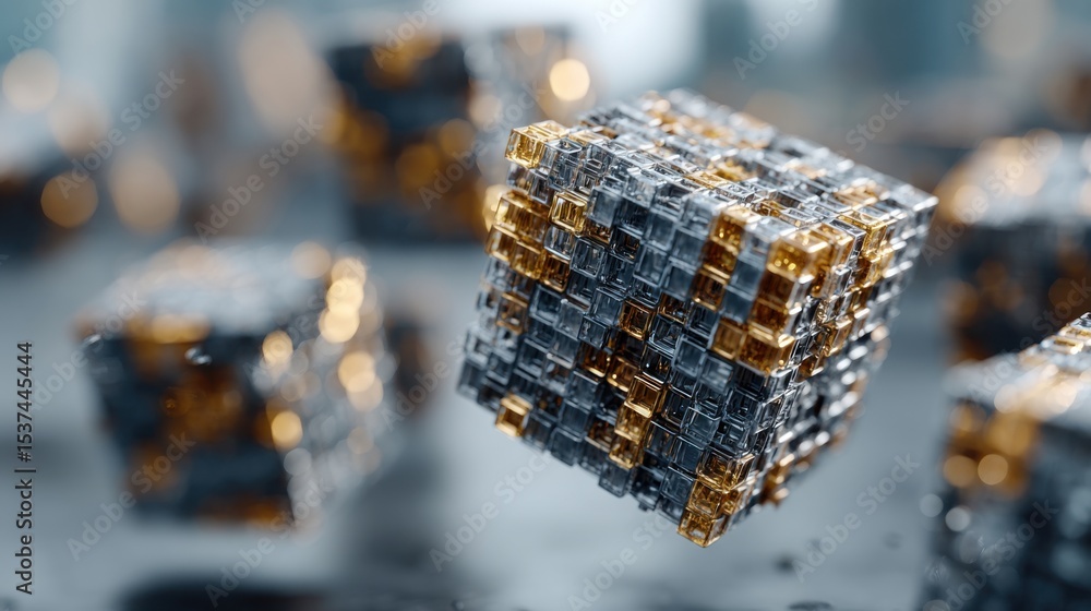 Poster a cube with gold and black colors is floating in the air. the cube is surrounded by other cubes of d