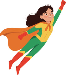 Girl superhero flying in green costume with orange cape heroic female character vector illustration 