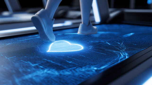 Legs in athletic shoes walk on a futuristic treadmill with a glowing blue heart icon, symbolizing heart health and digital fitness.