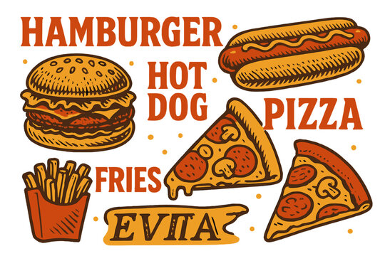 The poster features illustrations of a hamburger, hotdog, fries, and pizza in a vintage typography style - Powered by Adobe