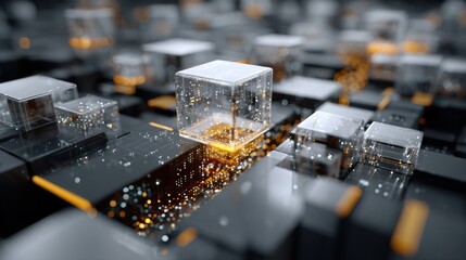 A close up of a black and orange cube with a clear cube in the middle. The cube is surrounded by other cubes, creating a pattern. The image has a futuristic and technological feel to it