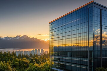 Modern glass building reflects sunset over mountains, city skyline, and trees in a scenic, serene and peaceful environment.