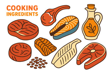 Vector illustrations of cooking ingredients, including beef, lamb, salmon, and white fish, are depicted in a hand-drawn style alongside flax seeds and vegetable oil