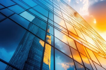 Modern glass skyscraper reflects the sky and the neighboring building with beautiful blue and golden hues during sunset.